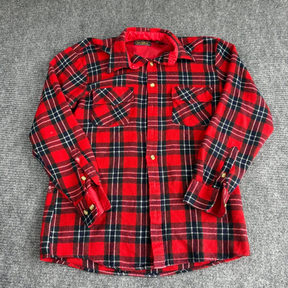 Vintage Sears Sportswear Perma-Prest Red Plaid Flannel Shirt Jacket Mens Tall M